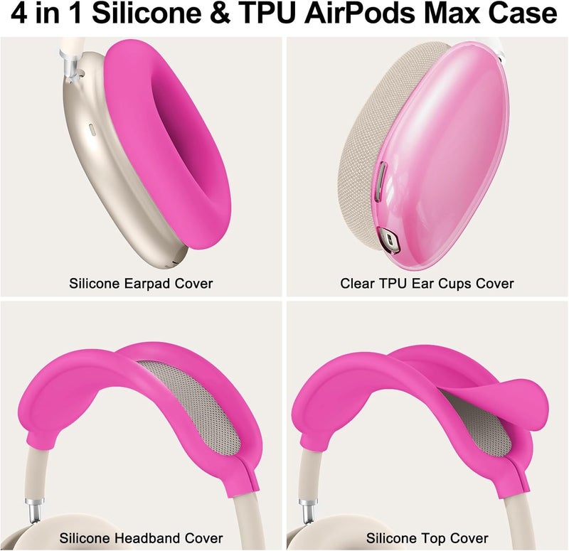 MINDRESY [4 in 1] Silicone Case Cover for AirPods Max, Clear Soft TPU Ear Cups Cover/Ear Pad Case Covers/Headband Covers Transparent Accessories for Apple AirPods Max (2024/2020)(USB-C/Lightning), Hot Pink - Image 4